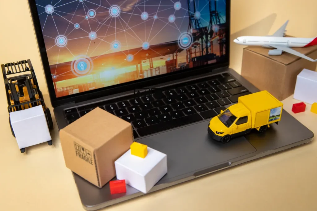 Representación digital de logística y distribución con transporte, paquetes y tecnología en operaciones de entrega