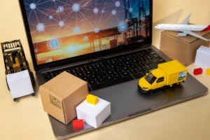 Representación digital de logística y distribución con transporte, paquetes y tecnología en operaciones de entrega