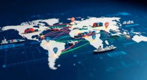 Red de distribución logística global con rutas de transporte internacional