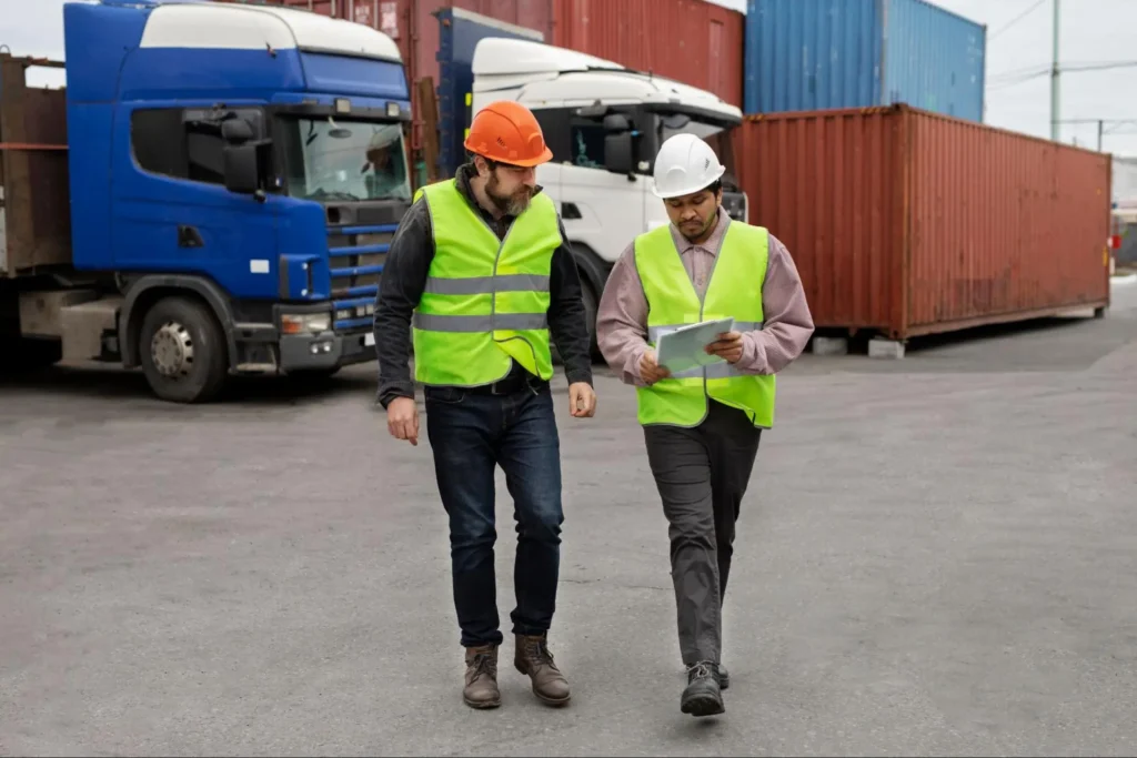 Operadores revisando documentación durante una operación de logística aduanera en zona de transporte internacional