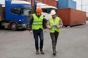 Operadores revisando documentación durante una operación de logística aduanera en zona de transporte internacional