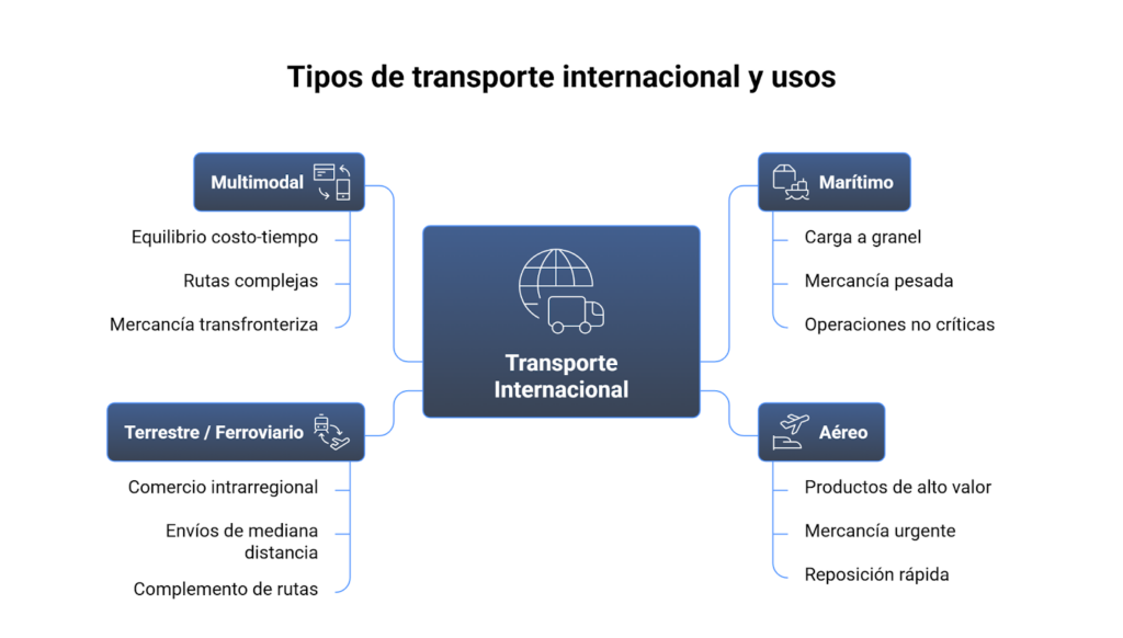 Espectro del transporte internacional según velocidad y costo: marítimo, aéreo, terrestre y multimodal