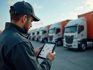 Gestor revisando software de transporte en tablet frente a flota de camiones con contenedores