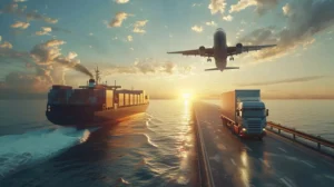 Transporte internacional de carga con camiones y avión entre contenedores al atardecer logístico