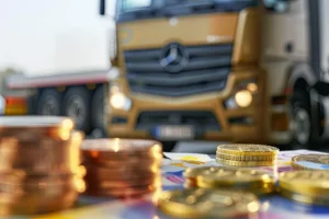 Costos de transporte representados con monedas frente a un camión de carga en una operación logística