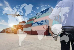 Flete internacional con contenedores en puerto y transporte aéreo global