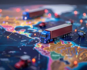 Mapa digital con camiones de carga representando una ruta logística de transporte y distribución