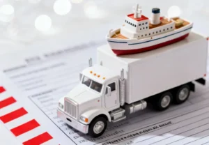 Camión blanco con un barco en su remolque, sobre documento logístico