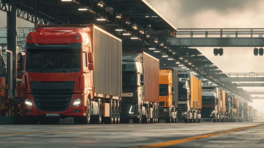 Monitoreo de camiones en centro logístico con fila de transporte de carga en muelle de distribución