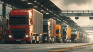 Monitoreo de camiones en centro logístico con fila de transporte de carga en muelle de distribución