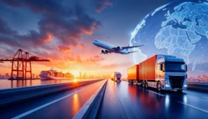 Transporte aéreo, marítimo y terrestre operando en una red logística internacional