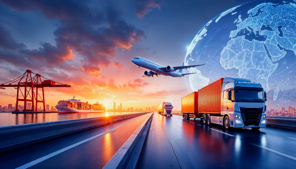 Transporte aéreo, marítimo y terrestre operando en una red logística internacional