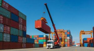 Grúa portuaria levantando un contenedor de carga marítima entre pilas de contenedores en una terminal