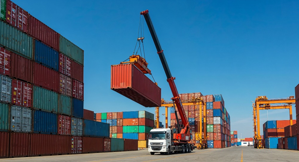 Grúa portuaria levantando un contenedor de carga marítima entre pilas de contenedores en una terminal
