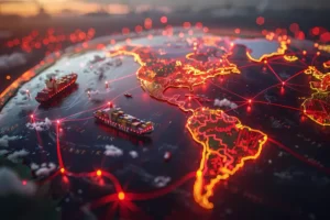 Red de logística internacional con contenedores y rutas marítimas sobre mapa América