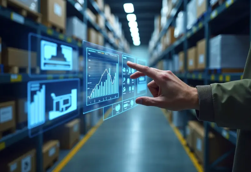 Operador interactuando con dashboards digitales de logística inteligente en almacén