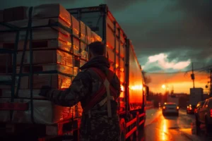Operador logístico inspeccionando carga paletizada en camión de transporte internacional