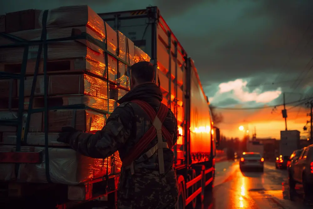 Operador logístico inspeccionando carga paletizada en camión de transporte internacional